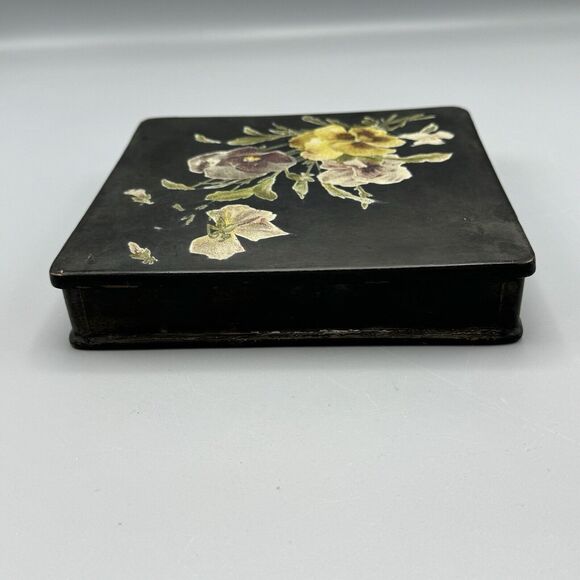 Antique Victorian Hand Painted Lacquered Papier Mache Square Box with Pansies - Picture 11 of 16